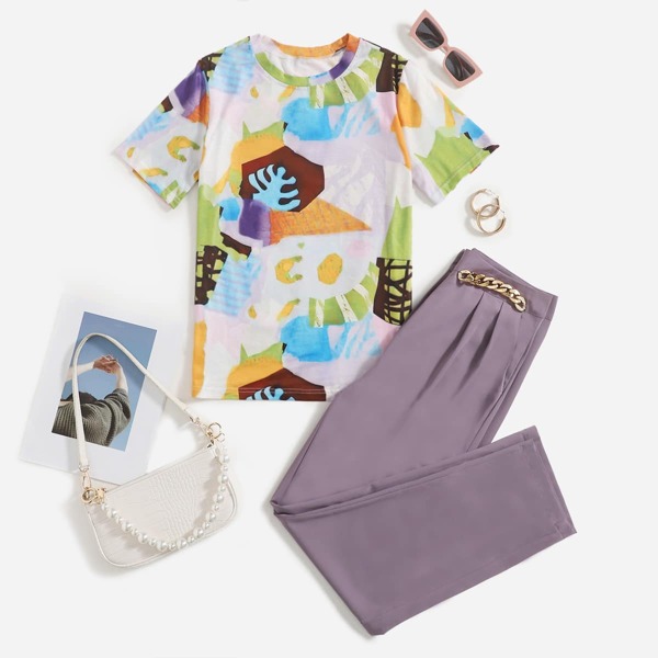 

Graphic Print Tee And Chain Detail Pants Set, Multicolor
