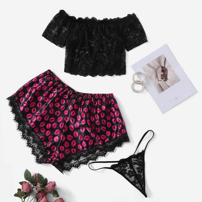 

3pack Plus Floral Lace Lingerie Set With Lip Print Shorts, Multicolor