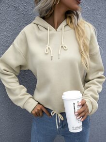 SHEIN LUNE 落肩袖抽繩連帽衫 - 杏色 - 查看 1