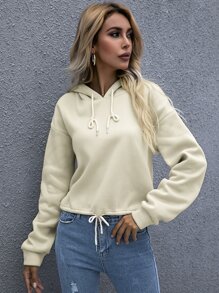 SHEIN LUNE 落肩袖抽繩連帽衫 - 杏色 - 查看 3