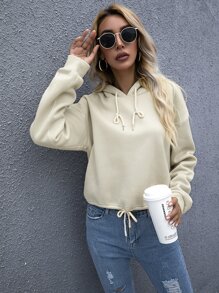 SHEIN LUNE 落肩袖抽繩連帽衫 - 杏色 - 查看 4