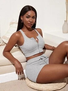 Slaydiva Ribbed Zip Front Tank Top & Shorts Set - Grey - View 4