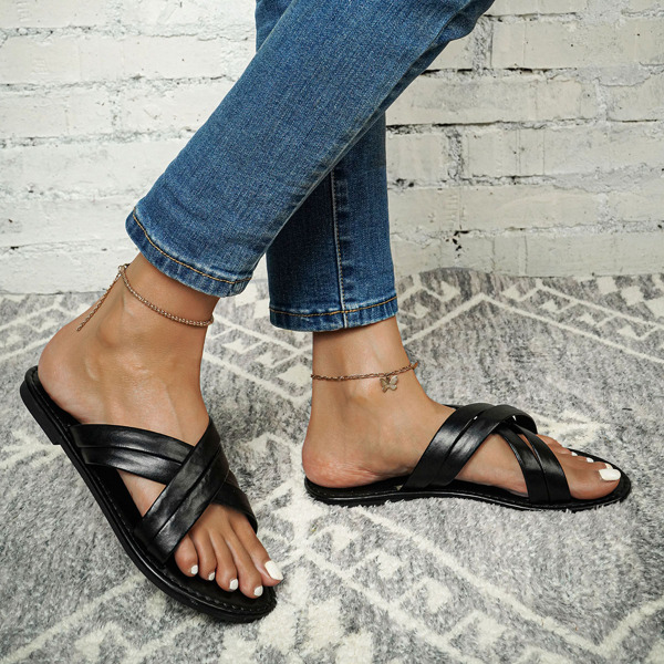 

Minimalist Cross Strap Slide Sandals, Black