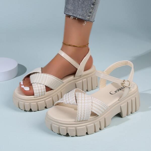 

Houndstooth Graphic Buckle Decor Flatform Sandals, Beige
