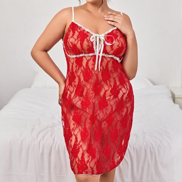 

Plus Floral Lace Tie Front Slips, Red