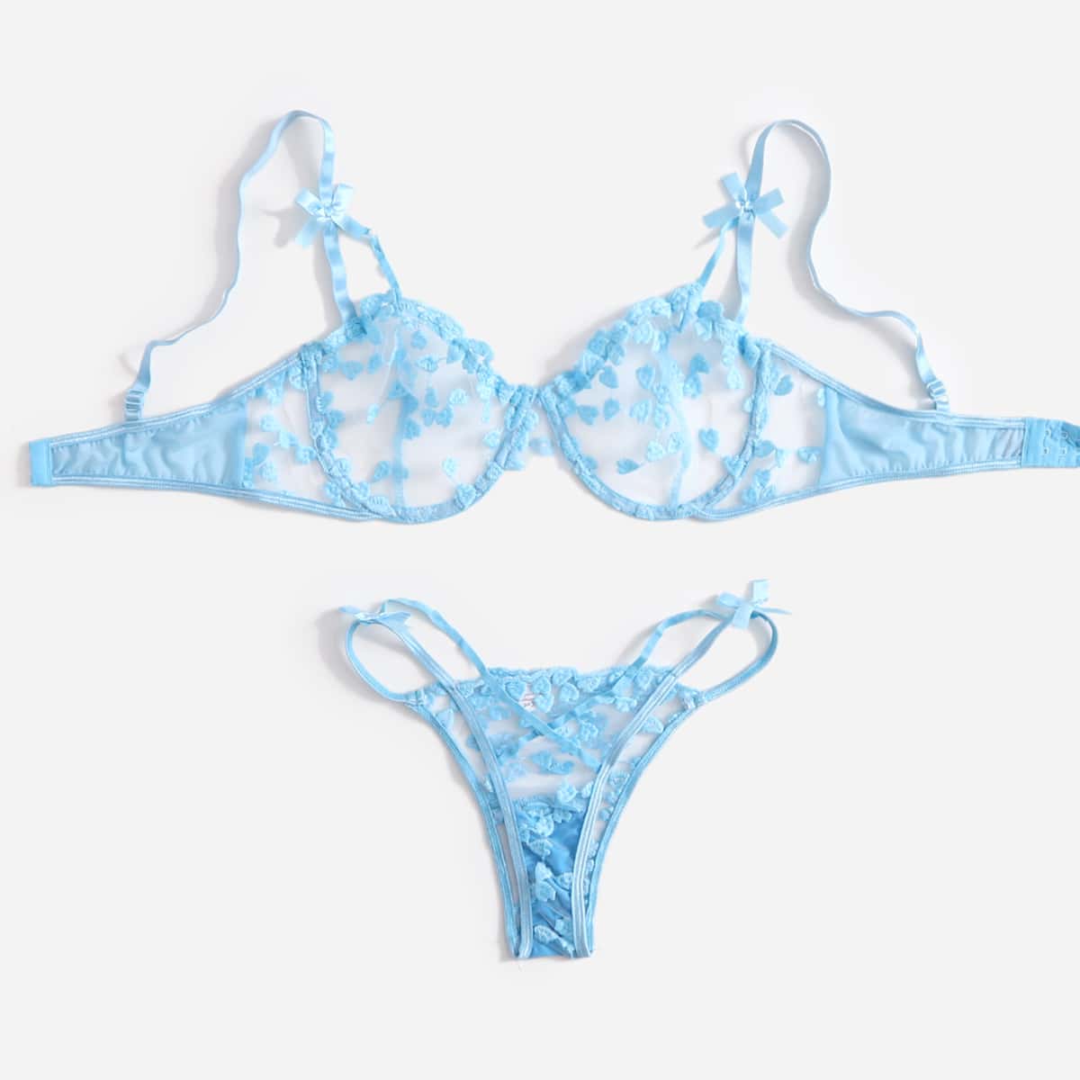 

Heart Embroidered Mesh Lingerie Set, Baby blue