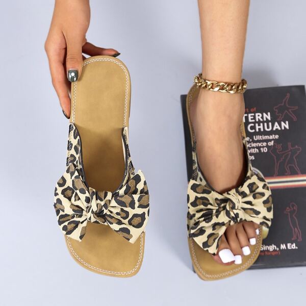 

Leopard Pattern Bow Decor Slide Sandals, Brown