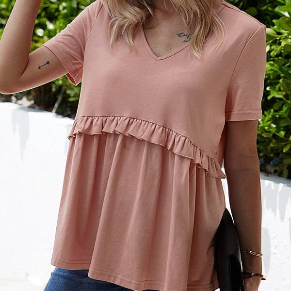

Solid V-neck Frill Trim Tee, Dusty pink