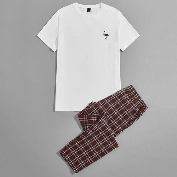 

Men Flamingo Print Tee & Plaid Pants PJ Set, Multicolor