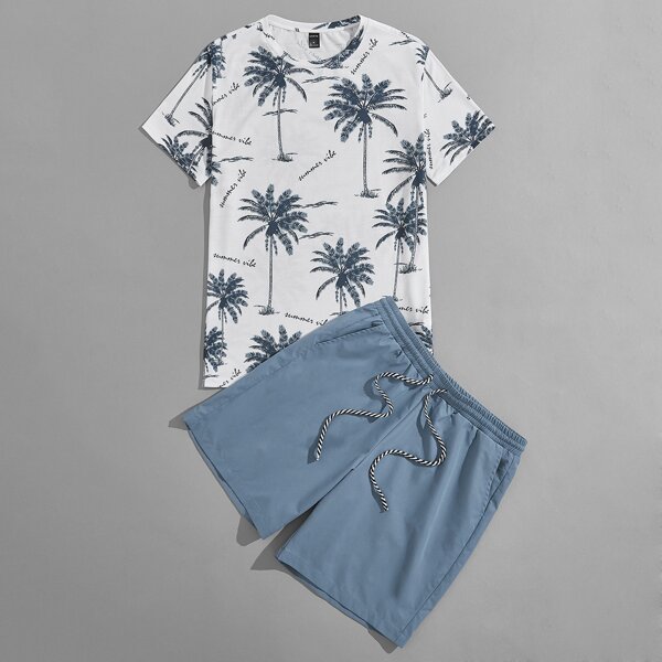 

Men Palm Tree & Letter Graphic Tee And Drawstring Waist Shorts, Multicolor
