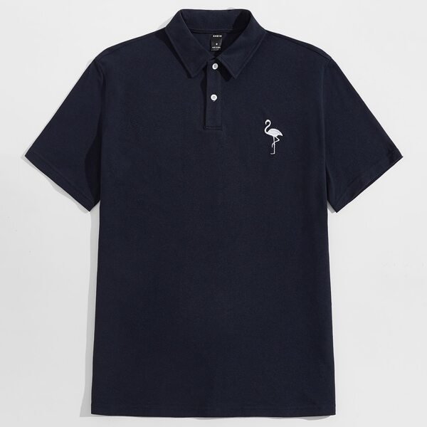 

Men Flamingo Embroidery Polo Shirt, Navy blue