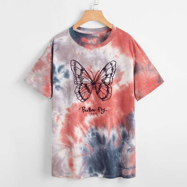 

Tie Dye Butterfly Print Short Sleeve Tee, Multicolor