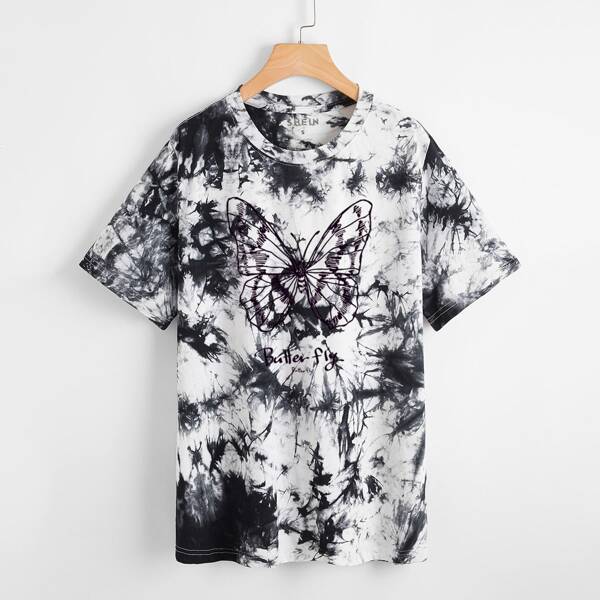 

Tie Dye Butterfly Print Short Sleeve Tee, Black and white