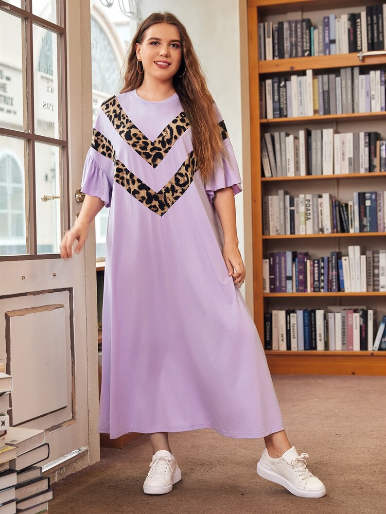 SHEIN Krås Färgblock Leopard Enkel Plus Size Klänning - Lila - Visa 1