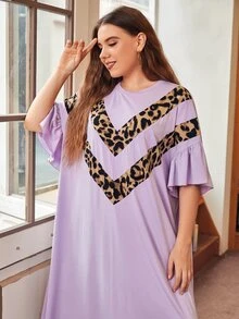 SHEIN Plus Chevron Leopard Ruffle Trim Tee Dress - Lilac Purple - View 3