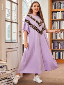 SHEIN Plus Chevron Leopard Ruffle Trim Tee Dress - Lilac Purple - View 4