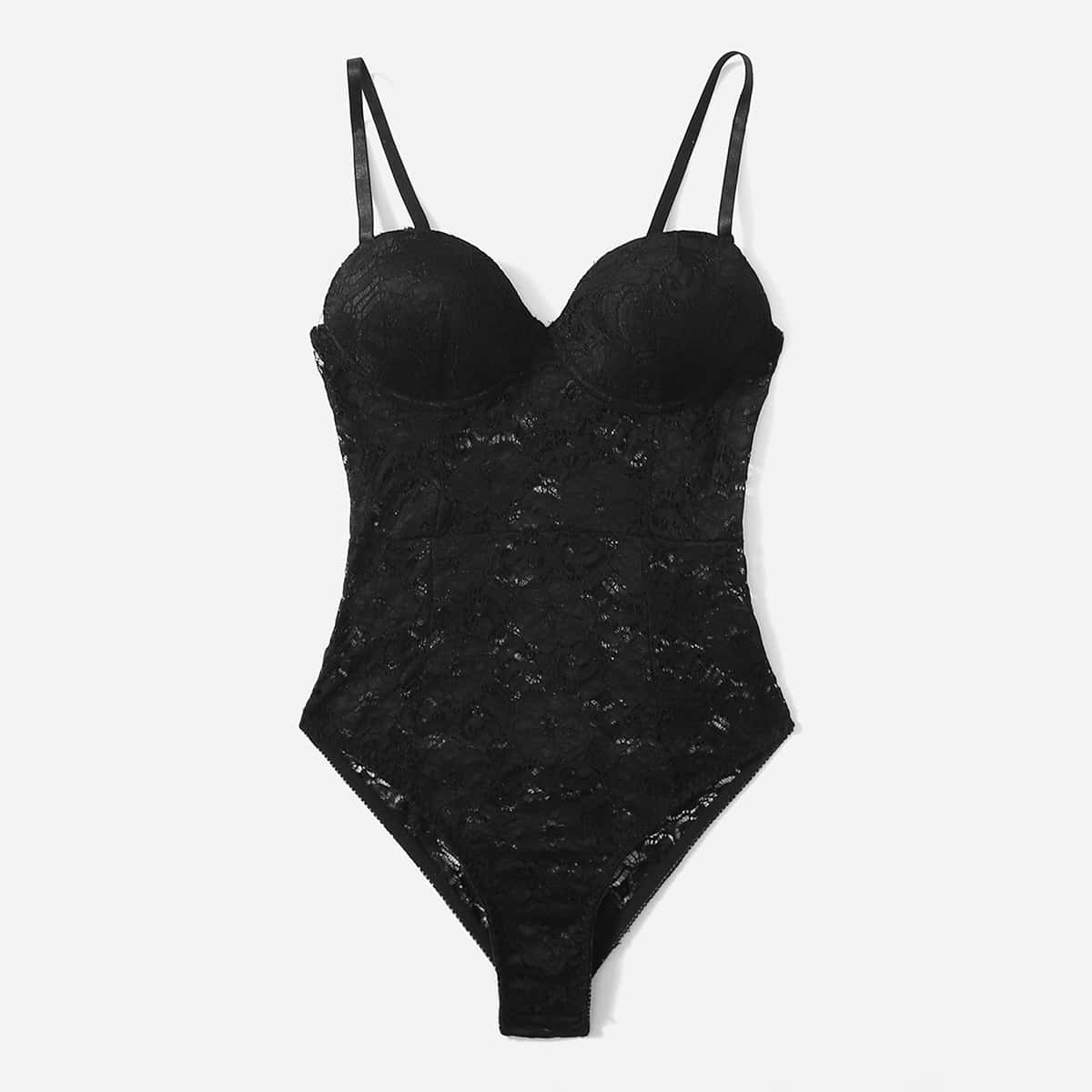 

Floral Lace Underwire Teddy Bodysuit, Black
