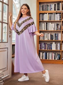 SHEIN Plus Chevron Leopard Ruffle Trim Tee Dress - Lilac Purple - View 5