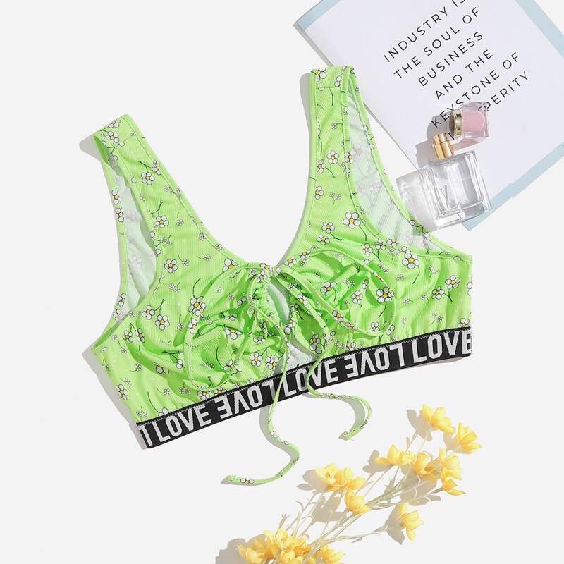 

Plus Floral Print Letter Tape Bralette, Green
