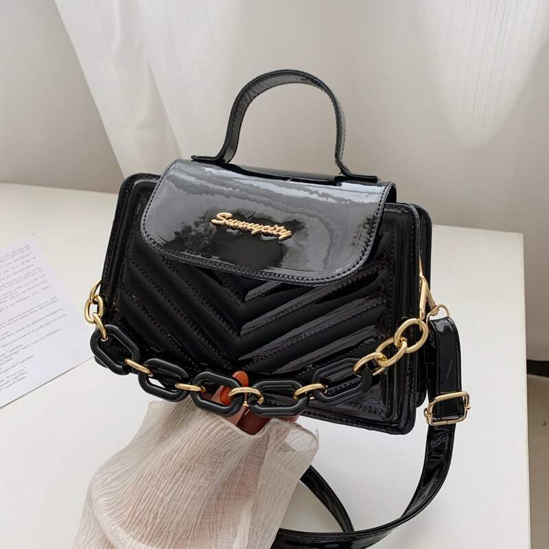 

Chain Decor Chevron Satchel Bag, Black