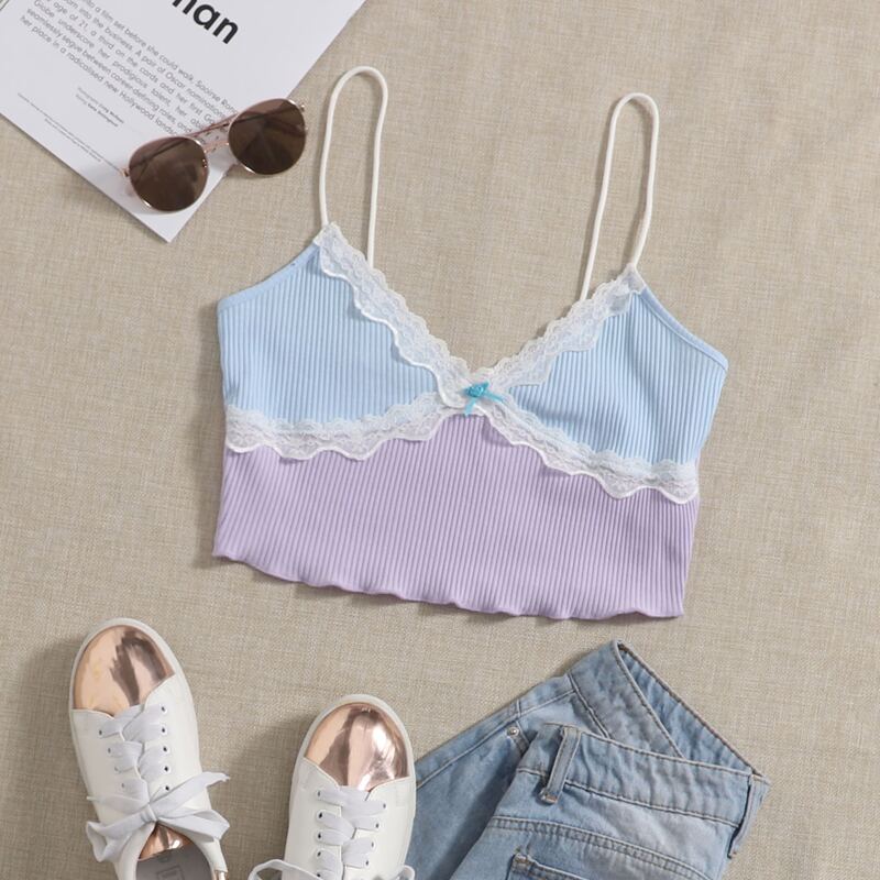 

Contrast Lace Detail Colorblock Crop Cami Top, Multicolor