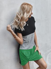 Colorblock Twist Hem Tee Dress - Multicolor - View 6