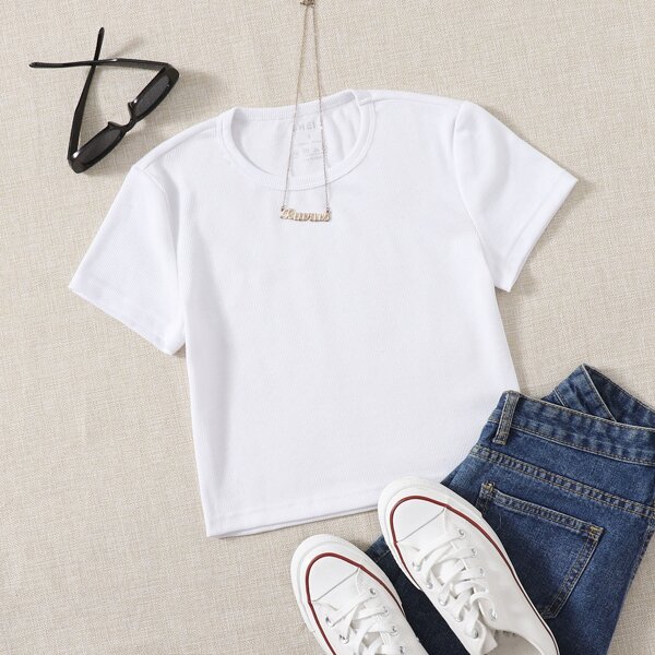 

Solid Round Neck Crop Tee, White
