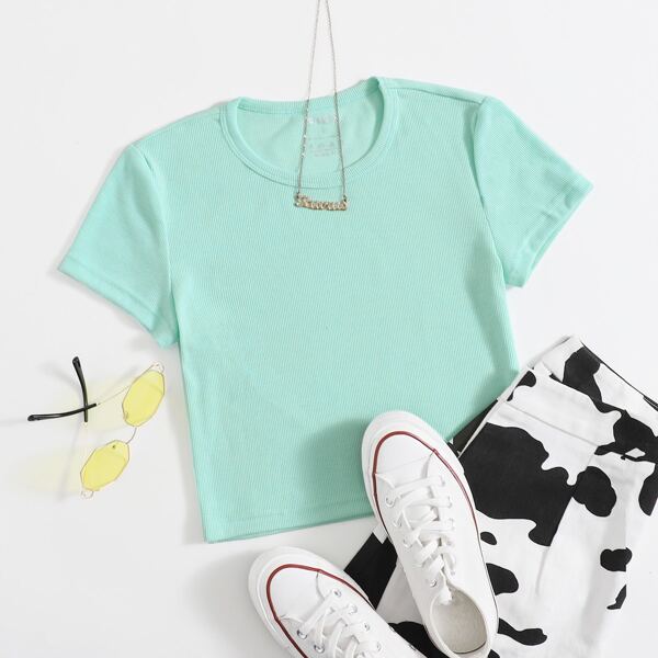 

Solid Round Neck Crop Tee, Mint green