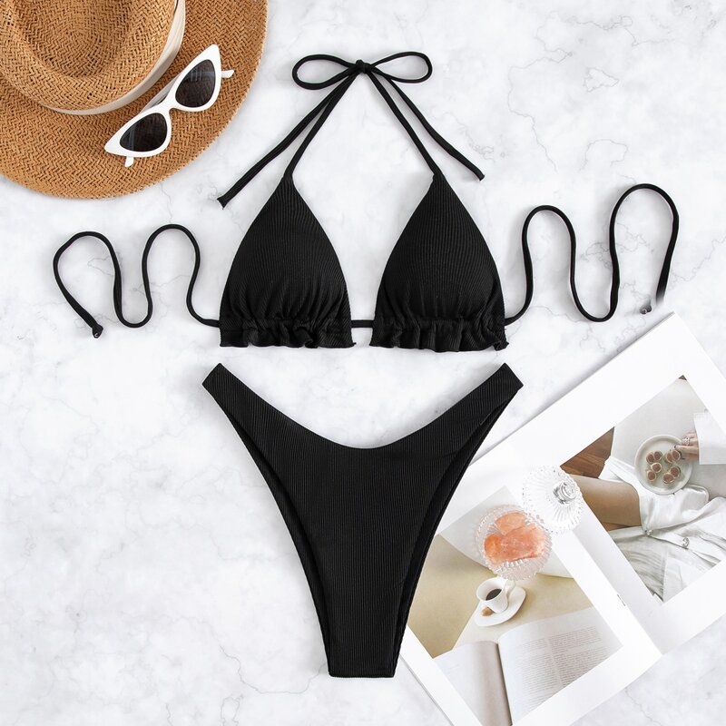 

Rib Halter Triangle High Cut Bikini Swimsuit, Black