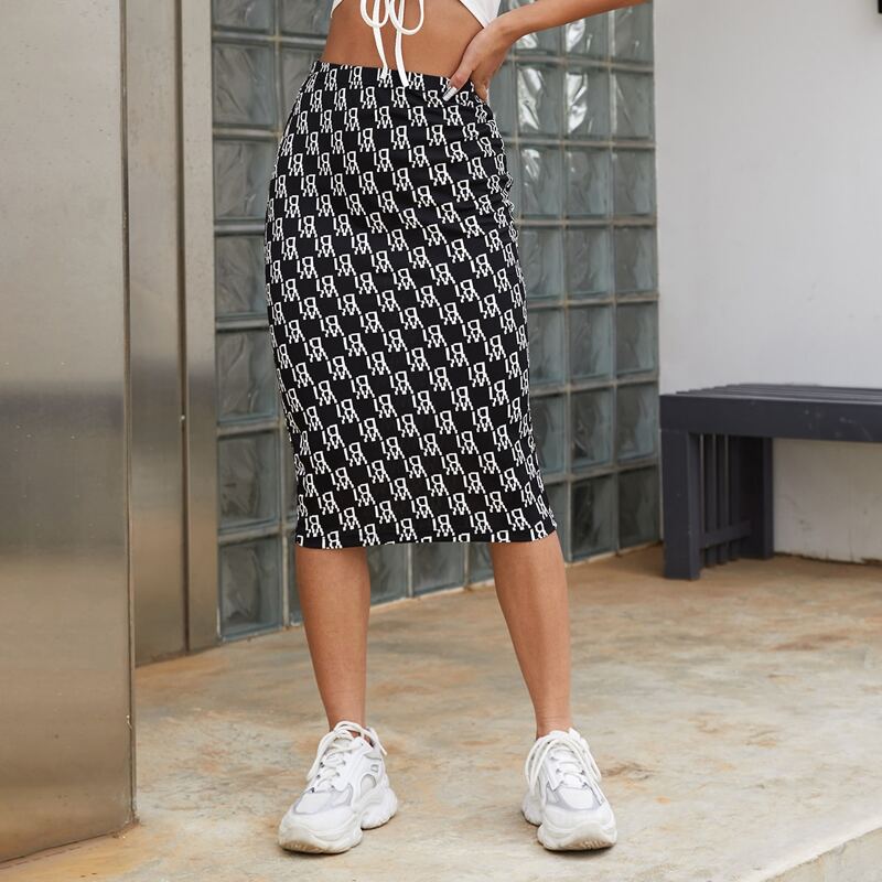 

Allover Print Pencil Skirt, Black and white