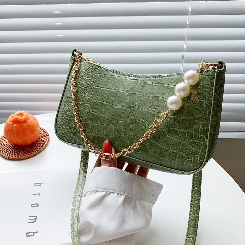 

Croc Embossed Chain Baguette Bag, Green