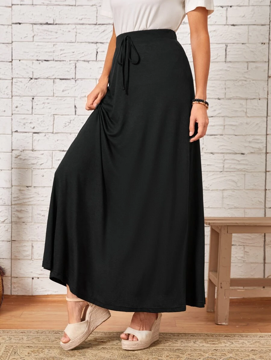 EMERY ROSE Solid High Waist Knot Front Skirt - Black - View 1