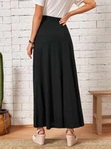 EMERY ROSE Solid High Waist Knot Front Skirt - Black - View 2