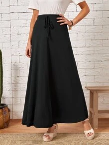 EMERY ROSE Solid High Waist Knot Front Skirt - Black - View 4