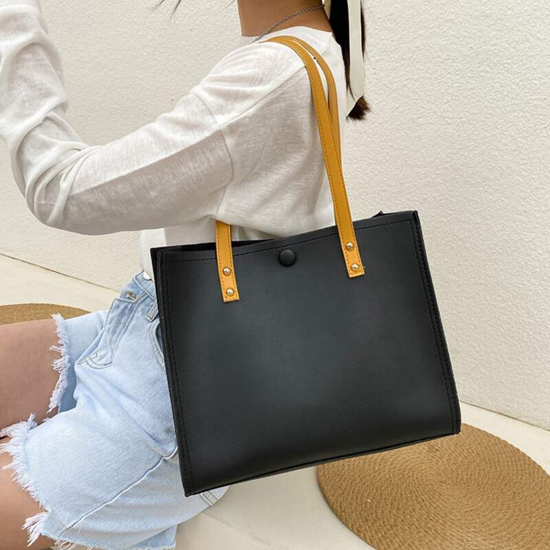 

Snap Button Tote Bag, Black