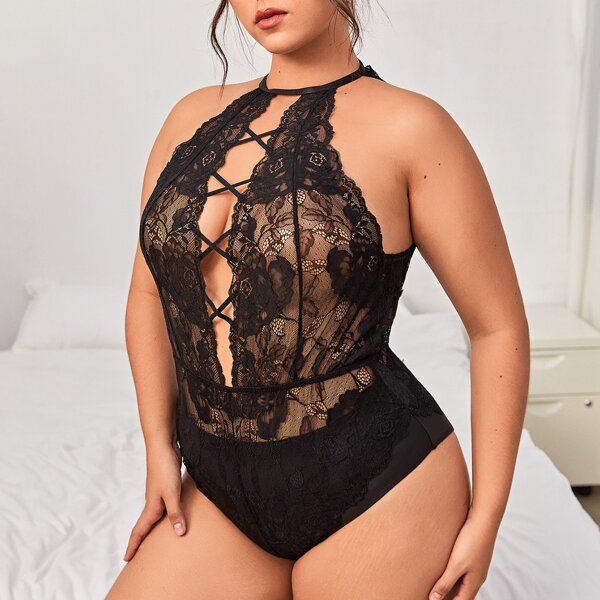

Plus Floral Lace Crisscross Teddy Bodysuit, Black