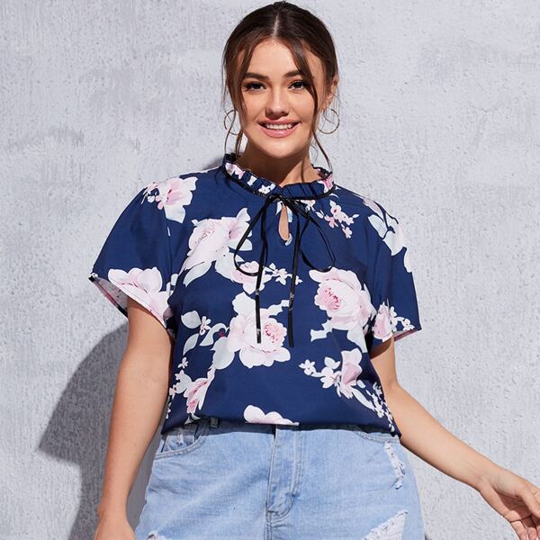 

Plus Floral Print Tie Neck Blouse, Navy blue