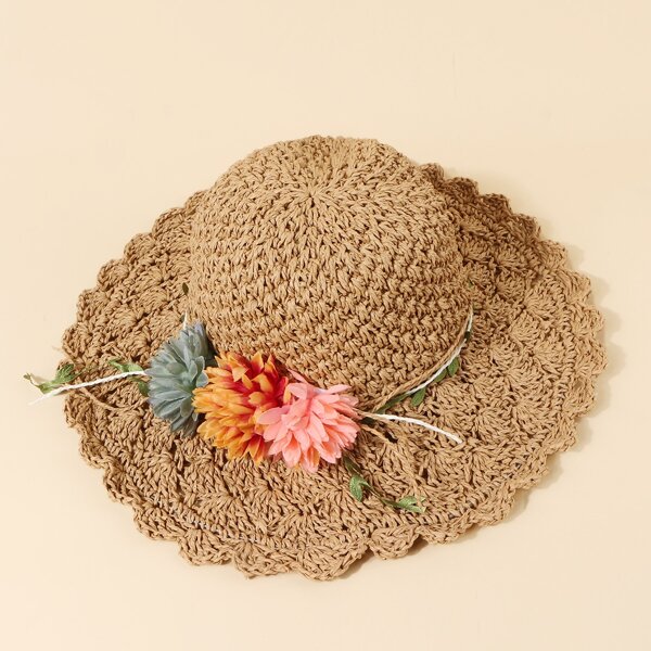 

Flower Decor Straw Hat, Camel
