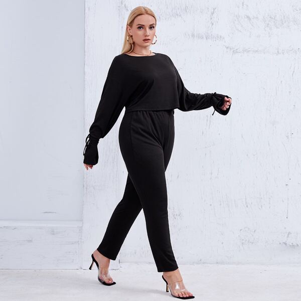 

Plus Solid Ribbed Crop Tee & Pants, Black