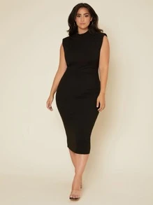 SHEIN BASICS Vestido Casual De Cena Con Hombros Acolchados De Punto Acanalado Para Mujer De Talla Grande - Negro - Ver 3