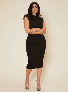 SHEIN BASICS Vestido Casual De Cena Con Hombros Acolchados De Punto Acanalado Para Mujer De Talla Grande - Negro - Ver 4