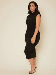 SHEIN BASICS Vestido Casual De Cena Con Hombros Acolchados De Punto Acanalado Para Mujer De Talla Grande - Negro - Ver 9