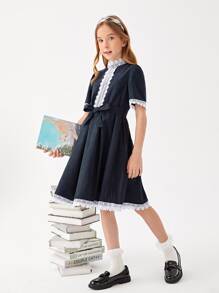 SHEIN Girls Guipure Lace Trim Belted A-Line School Dress