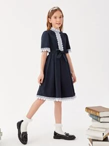 SHEIN Girls Guipure Lace Trim Belted A-Line School Dress