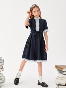 SHEIN Girls Guipure Lace Trim Belted A-Line School Dress
