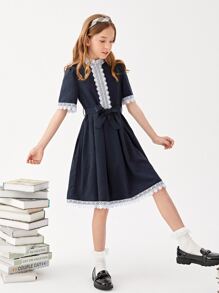 SHEIN Girls Guipure Lace Trim Belted A-Line School Dress