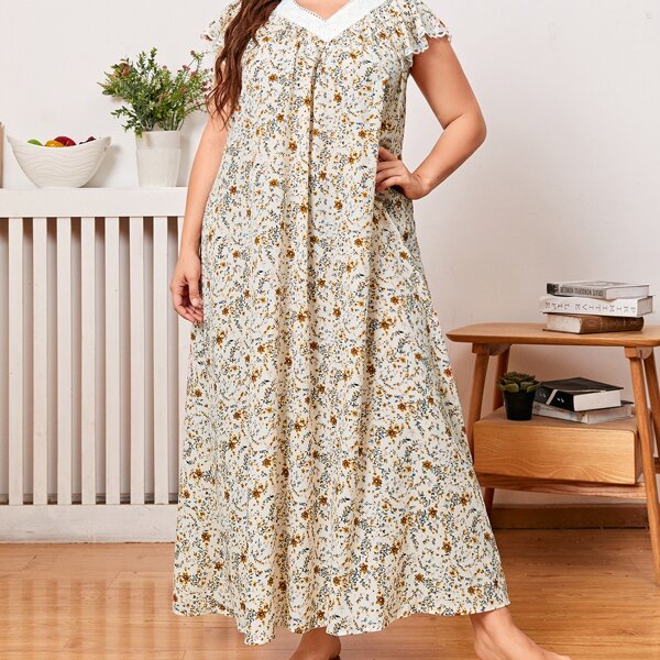 

Plus Guipure Lace Trim Allover Floral Nightdress, Multicolor