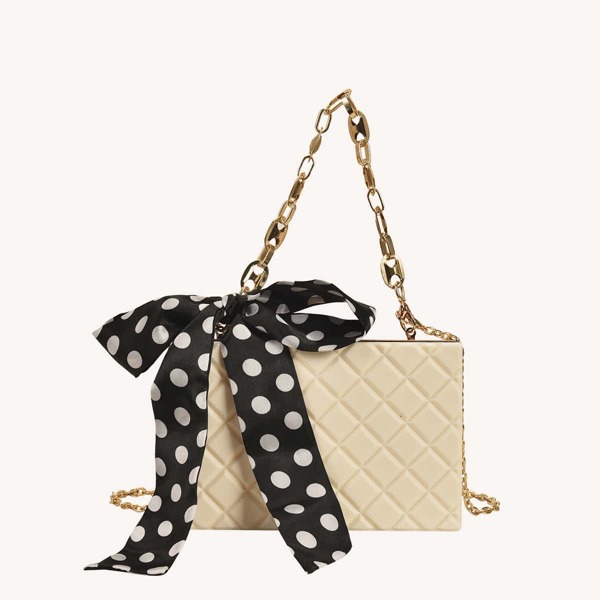 

Polka Dot Bow Decor Box Bag, Beige