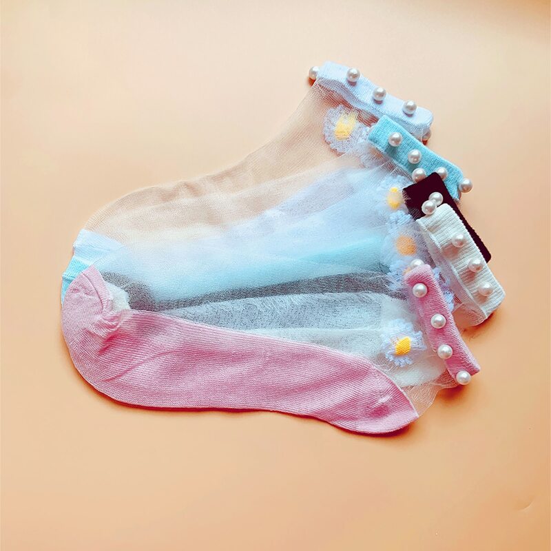 

5pairs Random Faux Pearl Decor Ankle Socks, Multicolor