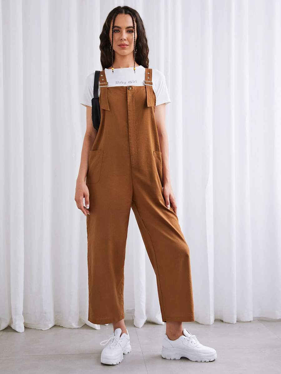 SHEIN Adjustable Strap Pocket Front Overall Jumpsuit - Brown - View 1